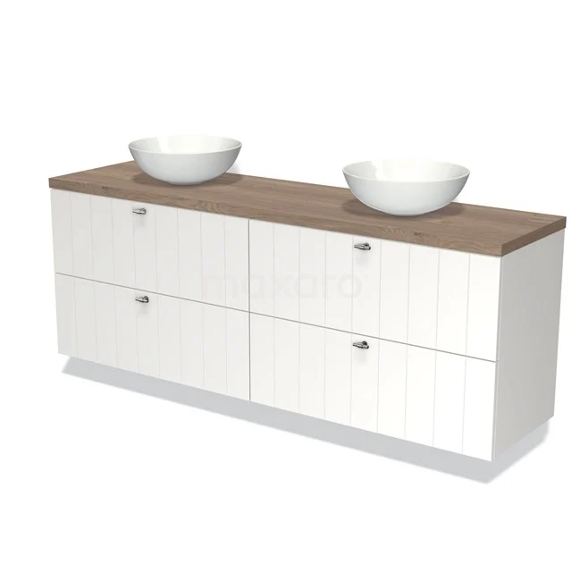 Modulo Plato Vanity units for countertop basin | 180 cm Matte white Slat front Mid brown oak worktop 4 drawers BMK18-01185 White wooden bathroom unit with double countertop wash basins and oak worktop, modern design and spacious storage drawers.