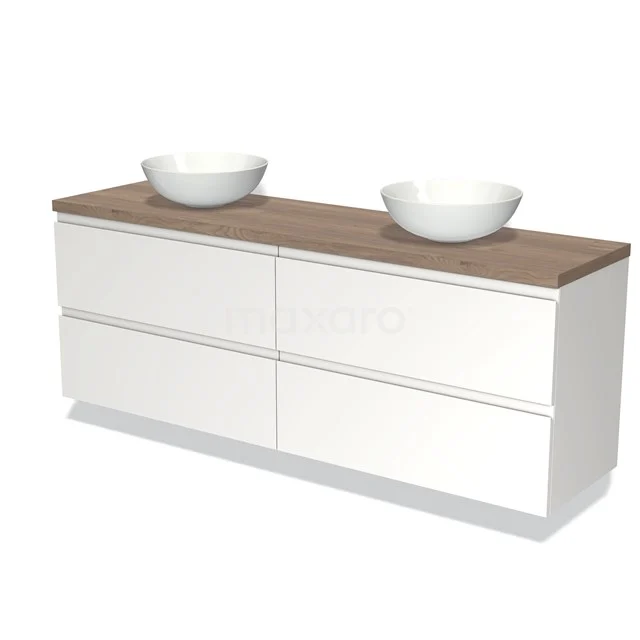 Weißes Badezimmermöbel mit Holzplatte, doppeltem Aufsatzwaschbecken, modernes Design, ideal für stilvolle Badezimmergestaltung.