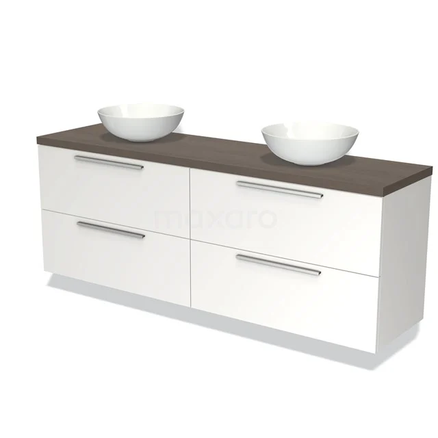 Weißes Badezimmermöbel mit Doppelwaschbecken, Holzoptik-Platte und vier Schubladen, ideal für stilvollen Badezimmerraum.