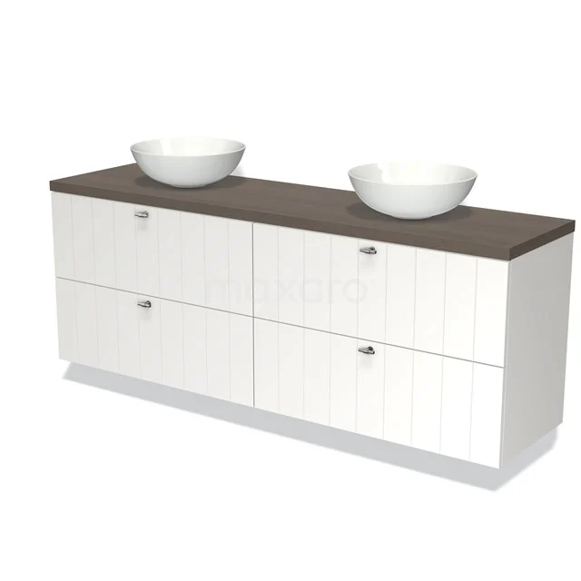 Modulo Plato Badmöbel mit Aufsatzwaschbecken | 180 cm Matt Weiß Lamelle front Dunkelbraune Eiche blatt 4 Schubladen BMK18-01188 Weißes Badezimmermöbel mit Holzplatte, Doppelwaschbecken, modernem Design und geräumigen Schubladen für ein organisiertes Badezimmer.