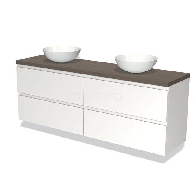 Weißes, modernes Badmöbel mit doppelten Aufsatzwaschbecken und Holzlook Platte; schlankes Design, ideal für zeitgemäße Bäder.