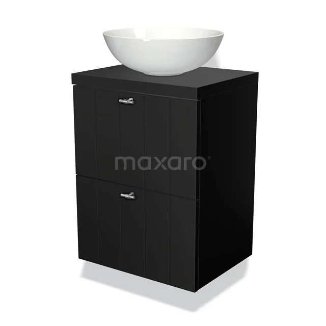 Black bathroom furniture set with high-gloss finish and white bowl-shaped basin, ideal for modern bathrooms.