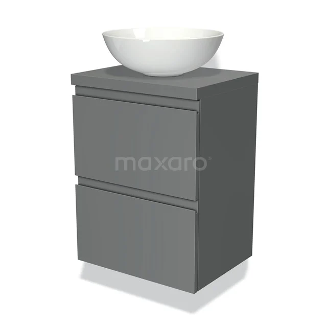 Grey bathroom furniture set with two drawers and white ceramic countertop wash basin, perfect for a modern bathroom style.