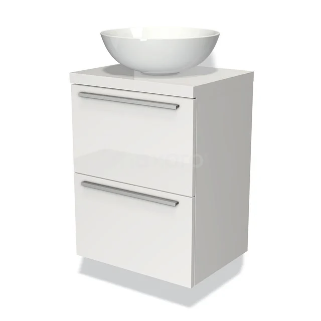 Weiße Badmöbel mit rundem Aufsatzwaschbecken, Hochglanzoberfläche und schlichten metallischen Haltegriffen, perfekt für moderne Bäder.