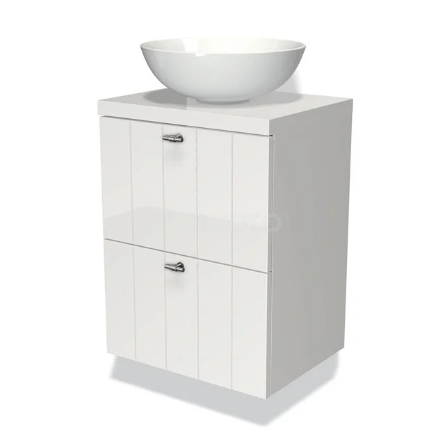 Modulo Plato Slim Vanity units for countertop basin | 50 cm High-gloss white Slat front High-gloss white worktop 2 Stacked drawers BMK37-00008 White bathroom unit with ceramic countertop wash basin, modern design, cabinet with ribbed pattern and metal handles.