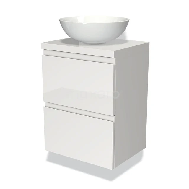 Waschtischunterschrank mit Konsole 50cm Modulo Plato Slim Hochglanz Weiß 2 Schubladen Grifflos BMK37-00009 Weiße Badmöbelset mit glänzenden Ladefronten und einem modernen keramischen Waschbecken, ideal für kompakte Bäder.