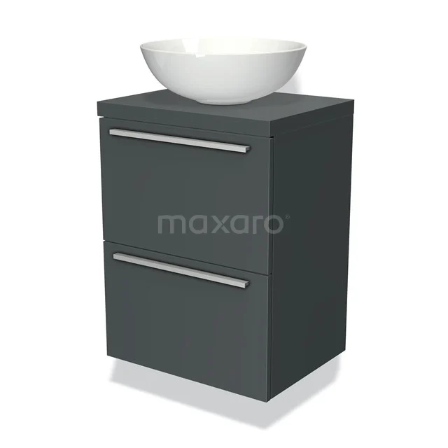 Badmöbel für Aufsatzwaschbecken 50cm Modulo Plato Slim Dunkelgrau 2 Schubladen Flach BMK37-00013 Graue Badmöbelset mit klaren Linien, zwei Schubladen und einem weißen keramischen Aufsatzwaschbecken für einen modernen Badezimmerstil.