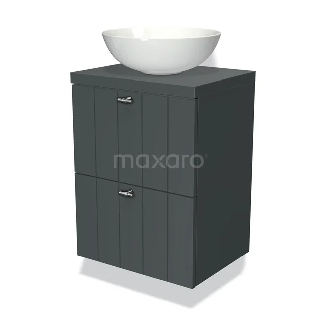 Grauer Badschrank mit Holzstruktur und einem weißen, runden Waschbecken; modernes Design und kompaktes Format für kleinere Bäder.