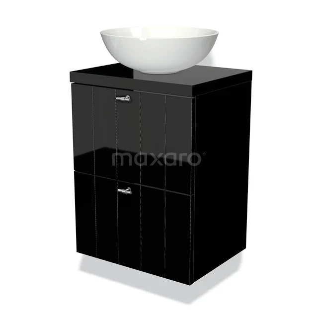 Black bathroom cabinet with high-gloss finish, featuring a white round countertop wash basin; compact and stylish design.