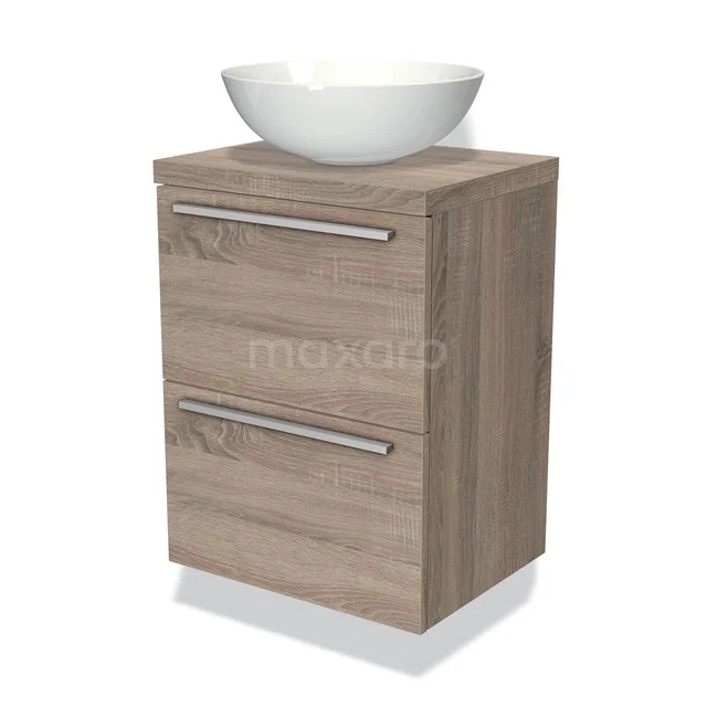 Badmöbel mit Holzoptik, zwei Schubladen und weißem ovalem Waschbecken; kompakt und stilvoll für moderne Bäder.