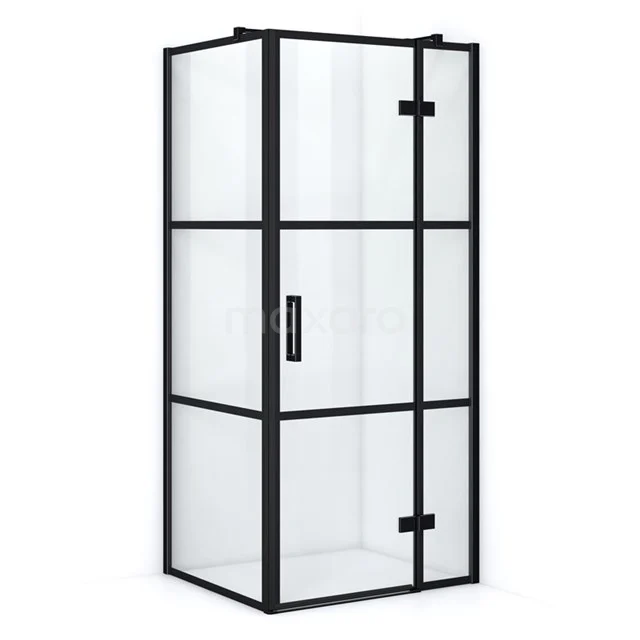 Black industrial shower enclosure with clear glass and frosted black profiles, ideal for a modern bathroom style.