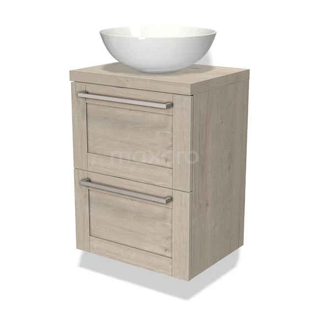 Badmöbel Holzoptik mit zwei Schubladen und weißem Aufsatzwaschbecken, kompaktes Design für moderne Bäder.