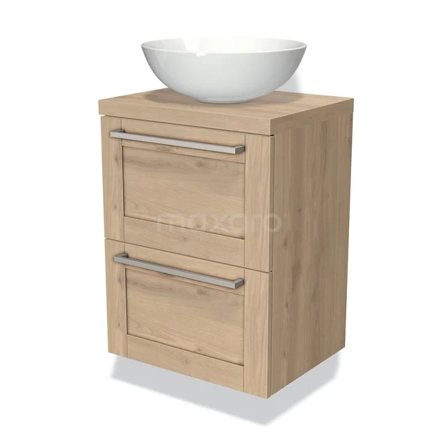 Eichen Badezimmermöbel mit zwei Schubladen, integriertem Aufsatzwaschbecken aus Keramik und Edelstahl-Haltegriffen, ideal für moderne Bäder.