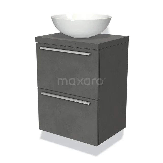 Graue Badmöbelset mit zwei Schubladen und weißem keramischen Aufsatzwaschbecken, modernes Design aus Betonlook-Material.