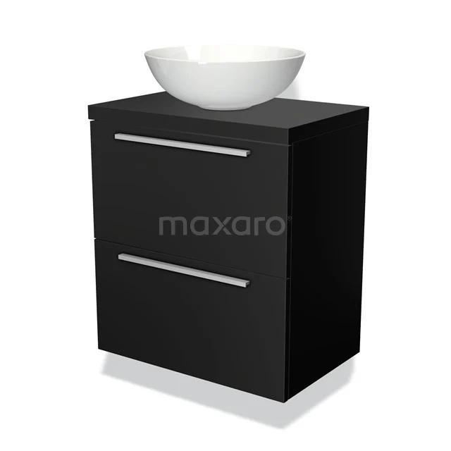Zwarte badkamermeubelset met twee lades en witte keramische waskom, stijlvol en compact ontwerp voor moderne badkamers.