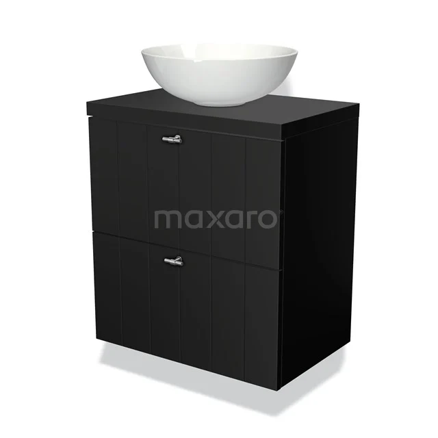 Zwarte badkamermeubelset met keramische waskom, strakke vormgeving en twee lades, ideaal voor moderne badkamers.