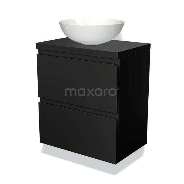 Mat zwarte badkamermeubelset met moderne wastafelkom, minimalistisch design en twee soft-close lades voor extra opbergruimte.