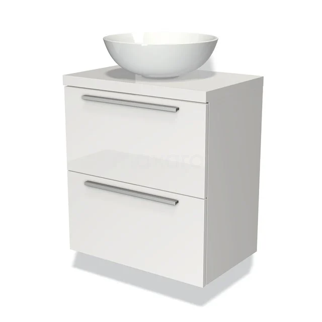 Wit badkamermeubel met keramische waskom, twee lades en chromen handgrepen, compact ontwerp voor een moderne badkamerstijl.