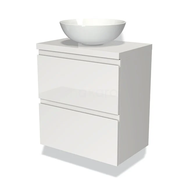 Weißes Badezimmermöbel mit schalenförmigem Waschbecken, glänzender Oberfläche, zwei Schubladen und einem klaren, modernen Design.