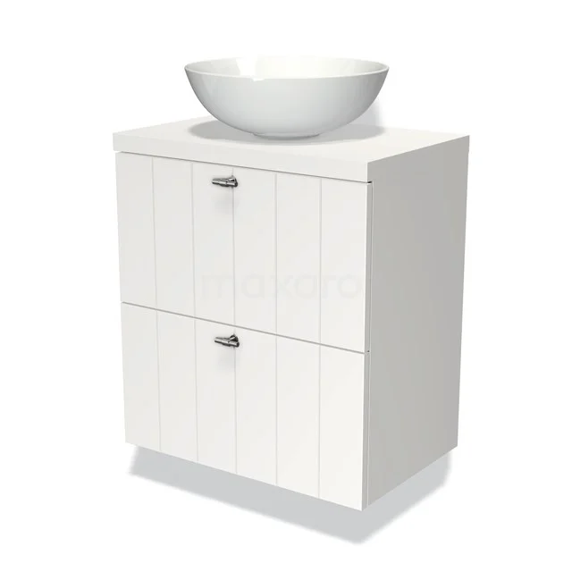 Weißes Badezimmermöbel mit modernem Aufsatzwaschbecken, vertikalen Paneelen, zwei Schubladen und Chromgriffen, ideal für stilvolle Badezimmerlagerung.