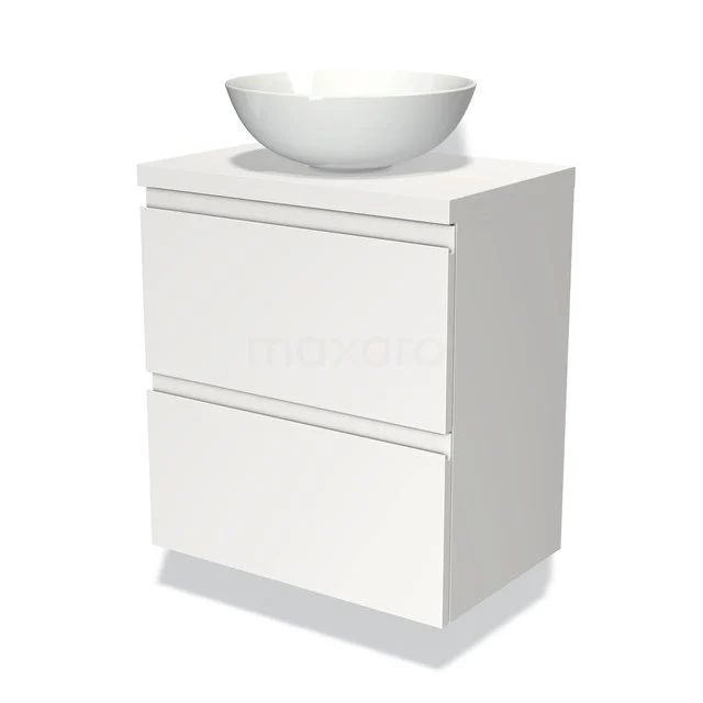 Weißes Badezimmermöbel mit klarem Design, zwei Schubladen und rundem keramischen Aufsatzwaschbecken, ideal für moderne Badezimmergestaltung.