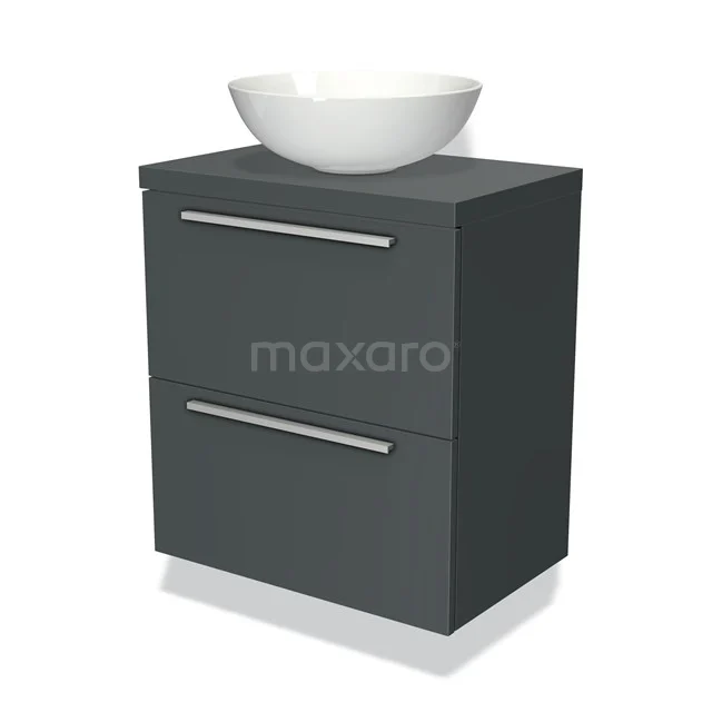 Antraciet badkamermeubel met twee lades en witte waskom, strak design en krasbestendige afwerking.