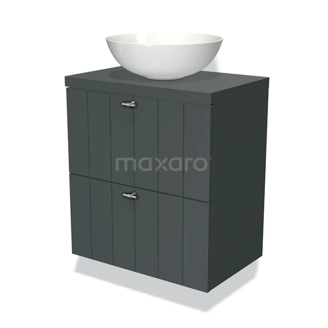 Dark grey bathroom furniture set with ribbed pattern, white ceramic basin and two storage compartments for a modern bathroom style.