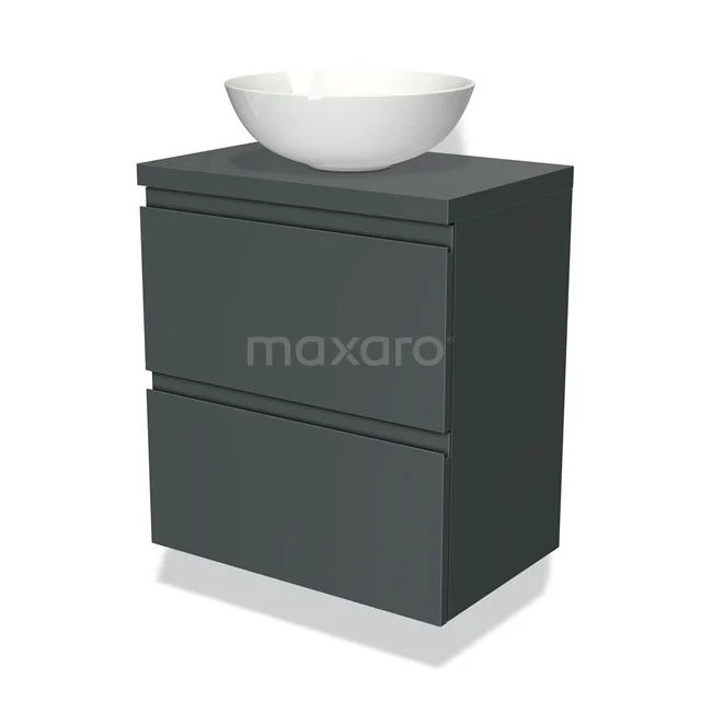 Donkergrijze badkamerkast met twee lades en witte ronde waskom, strak design, ideaal voor moderne badkamers.