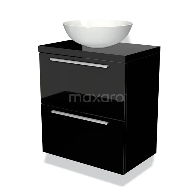 Black bathroom cabinet with glossy finish and white countertop wash basin, modern design and chrome handles. Perfect for style in the bathroom.