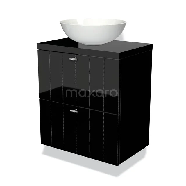 Modulo Plato Slim Badkamermeubel voor waskom | 60 cm Zwart Lamel front Hoogglans zwart blad 2 lades onder elkaar BMK37-00049