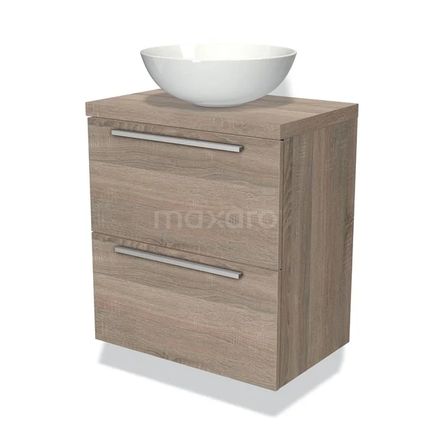 Houten badkamermeubel met twee lades en een witte wastafelkom, modern design en ruimtebesparend voor kleine badkamers.