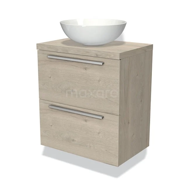 Badmöbel mit Konsole 60cm Modulo Plato Slim Hellgraue Eiche 2 Schubladen Flach BMK37-00053 Holz Badezimmermöbel mit zwei Schubladen und weißem keramischen Aufsatzwaschbecken, zeitgemäßes Design ideal für ein modernes Badezimmer.