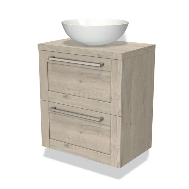 Bathroom unit wood-look with ceramic countertop wash basin, two drawers and metal handles for stylish and practical storage space.