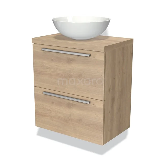 Houten badkamermeubel met twee lades en een witte keramische waskom, ideaal voor een moderne badkamerstijl.