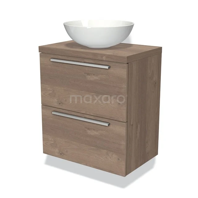 Houten badkamermeubel met waskom, twee lades en een moderne afwerking; ideaal voor stijlvolle badkameropslag.