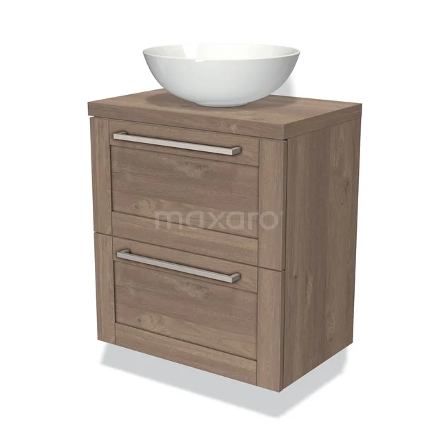 Houten badkamermeubel met twee lades en een witte waskom, modern ontwerp, ideaal voor stijlvolle badkameropslag.