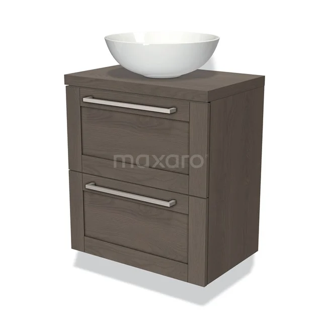 Brown wooden bathroom unit with white oval countertop wash basin, two drawers and metal handles for modern bathroom design.