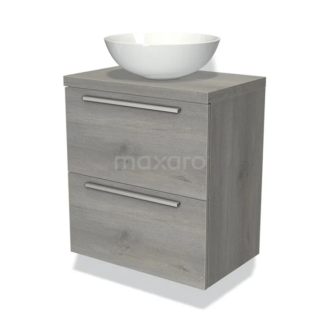 Grijze badkamermeubel met twee lades, houten look en witte keramische wastafel, ideaal voor moderne badkamerinrichting.