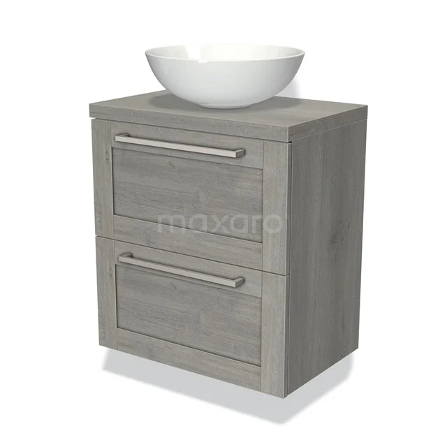 Grijs eiken badkamermeubel met twee lades en een witte opbouw wastafel, perfect voor een moderne badkamer inrichting.