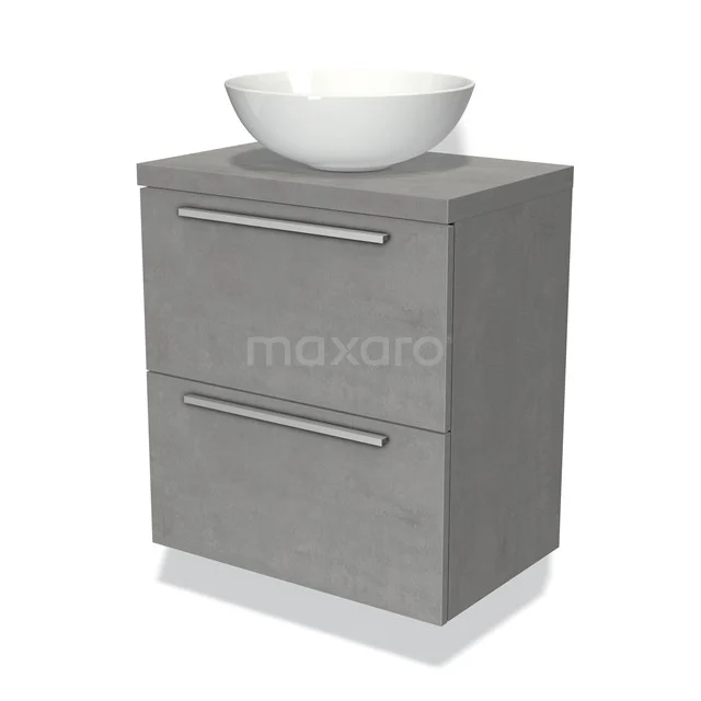 Graue Badmöbelset mit Betonlook, zwei Schubladen und einem weißen runden Waschbecken; modernes Design für ein stilvolles Badezimmer.