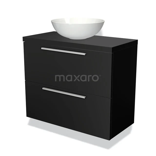 Black bathroom unit with matte surface, two metal drawers and white bowl-shaped basin; modern and stylish design.