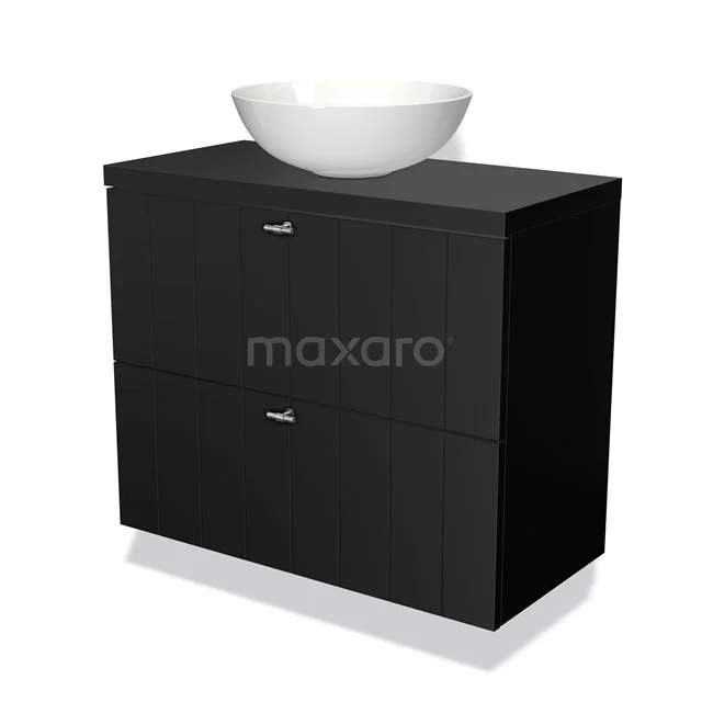 Zwart badkamermeubel met moderne komvormige wastafel, strakke lijnen en hoogglans afwerking, ideaal voor een stijlvolle badkamer.