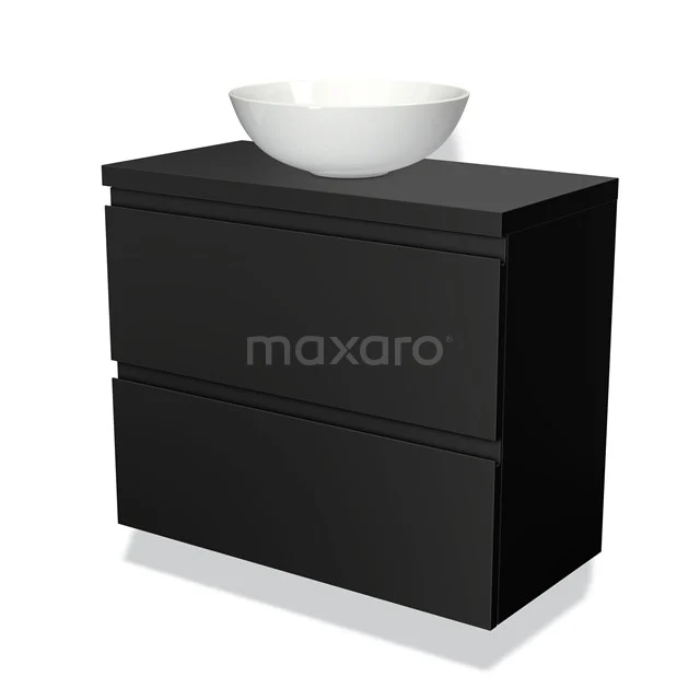 Waschtischunterschrank mit Konsole 80cm Modulo Plato Slim Matt Schwarz 2 Schubladen Grifflos BMK37-00067 Schwarze Badmöbelset mit keramischem Waschbecken, modernes und elegantes Design, ideal für stilvolle Badezimmergestaltung.