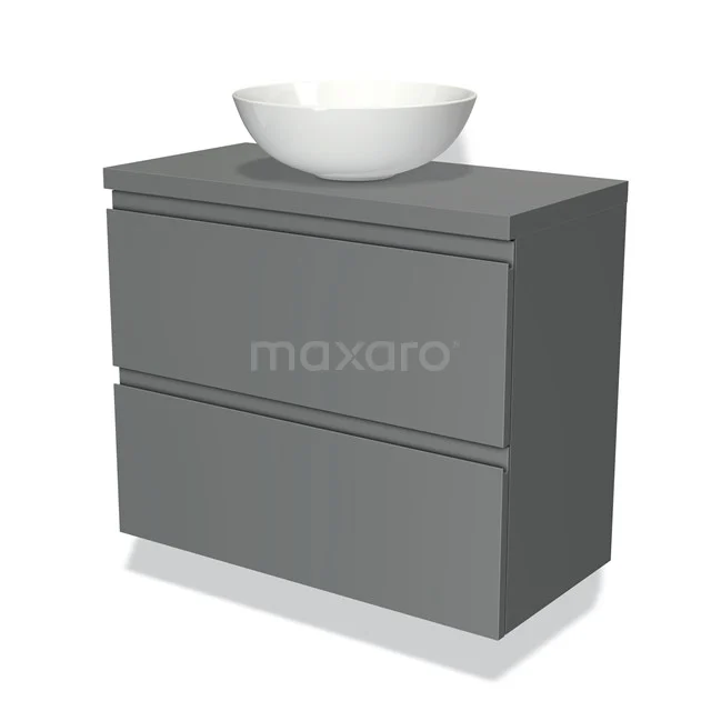 Grey bathroom furniture set with matte finish, two drawers and a round top ceramic basin, modern and stylish design.