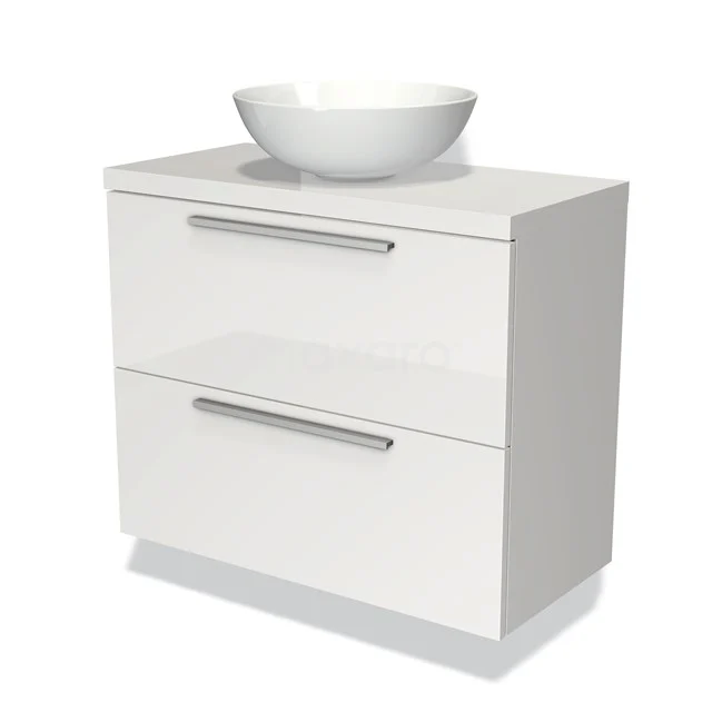 Wit badkamermeubel met keramische ronde waskom, twee lades met aluminium grepen en hoogglans afwerking voor een moderne look.