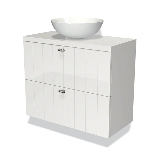 Weißes Badmöbel mit Waschbecken, glänzende Oberfläche und zwei grifflose Schubladen, ideal für ein modernes Badezimmer.