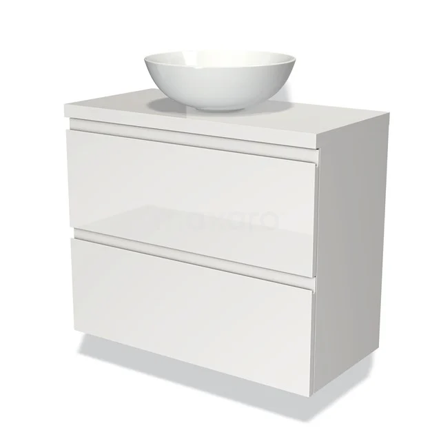 Weißes Holz-Waschtischmöbel mit zwei Schubladen und rundem Keramik-Aufsatzwaschbecken, geeignet für moderne Badezimmergestaltung.