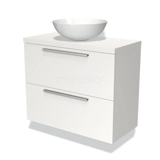 Weißes Badezimmermöbel mit zwei Schubladen, modernes Design und keramische schalenförmige Waschbecken, ideal für stilvolle Badezimmergestaltung.