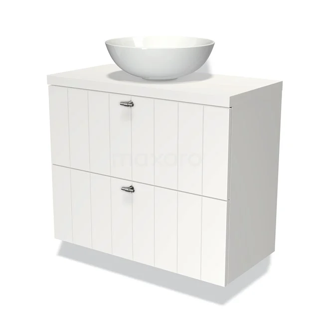 Weißes Badezimmermöbel mit rundem Aufsatzwaschbecken, Holzlook Front und zwei Schubladen; ideal für einen modernen und praktischen Badezimmerstil.