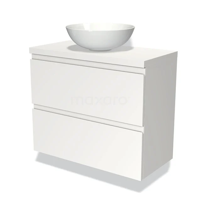 Weißes Badezimmermöbel mit zwei Schubladen und Aufsatzwaschbecken, modernes Design, ideal für stilvolle Badezimmergestaltung.